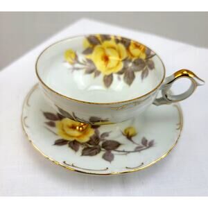 Cherry Brand Fine China Gold Footed Tea Cup/Saucer Antique Yellow Roses Japan